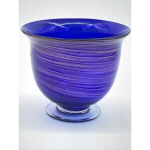 Cobalt Blue Art Glass Bowl with Gold Swirls